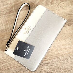NWT Kate Spade Lucy Medium Lzip Wristlet Waller Colorblock Platinum Grey